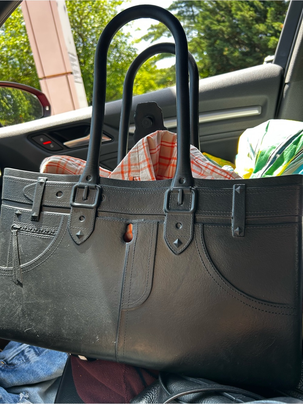 Black Leather Structured Tote Bag for Women